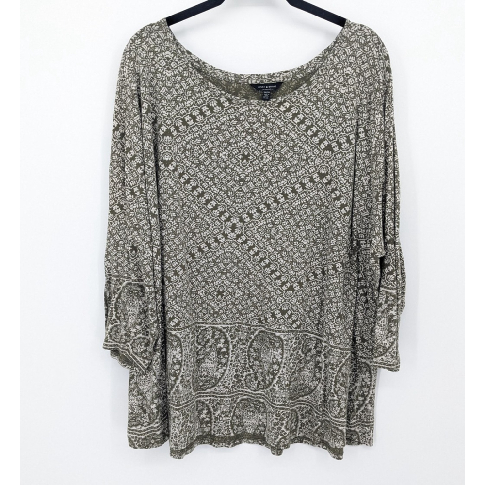 Lucky Brand Shirt Womens 3X Green Boho Paisley Tunic Flowy Pattern Plus Size Top